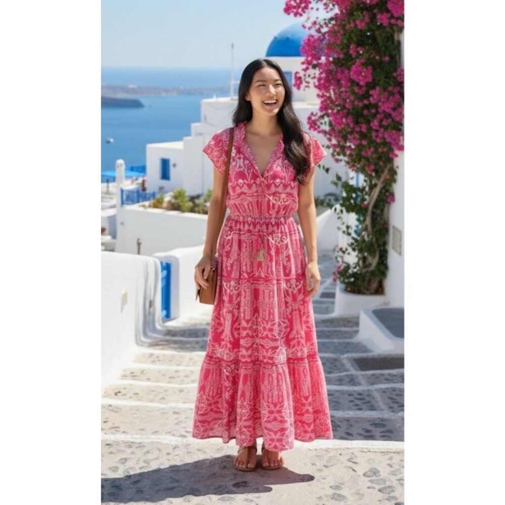 Tinsel NEW! pink white v-neck maxi dress lined tassle sz P/M lightweight summer